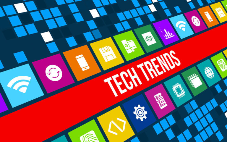 The text Tech Trends on a red banner overlaid on a tech concept background with technology and business icons.