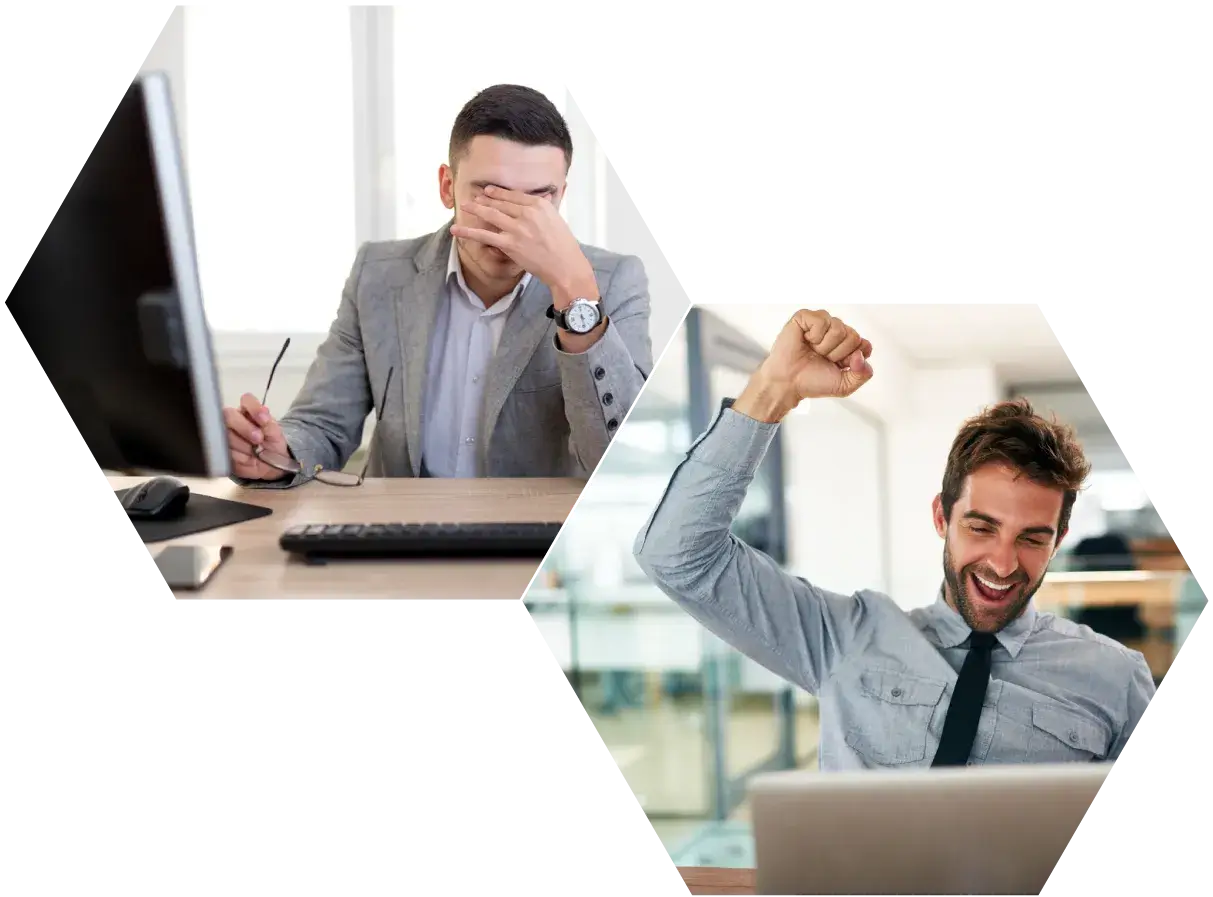 Two men excited at their computers because of great IT support